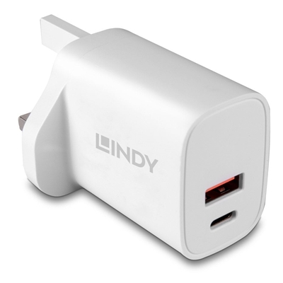 LINDY 73416 Power Adapter, USB, 24 pin USB-C, 20W, Fast Charge, Power Delivery 3.0, White