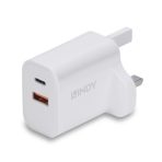 LINDY 73425 30W USB Type A & C Charger UK Plug, 3A, Power Delivery 3.0 + PPS, 2 Output Connectors (USB, 24 pin USB-C), White