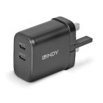 Lindy 65W USB 2 x Type C Charger, Input UK Plug, Output 2 x USB Type C Female, Black