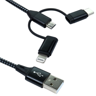 NEWlink 1.2m 3-in-1 USB Charging Cable, USB-A To USB Micro, USB-A To USB-C, USB-A to Lightning - Black