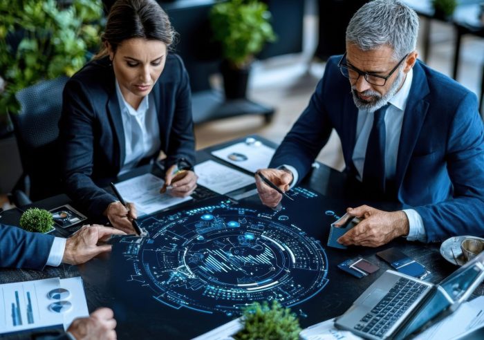 overhead-view-corporate-table-with-tech-devices-showing-graphs-social-media-reports